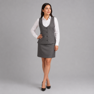 Conjunto formal corporativo con blusa, chaleco y falda para dama