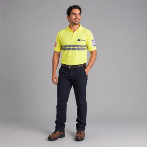 Playera de seguridad tipo polo con cinta reflejante en color neón